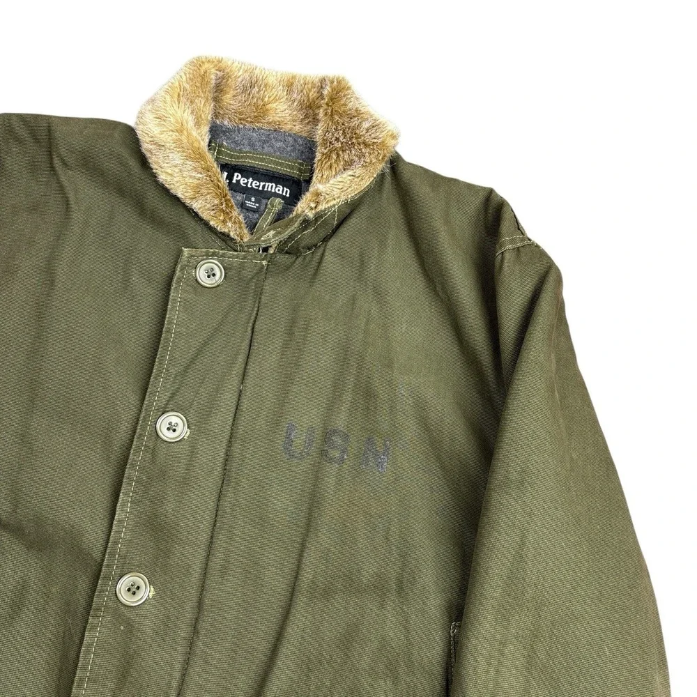 J Peterman Military Coat Jacket Men's Small Green Canvas USN N1 Deck Stencil - Picture 2 of 12